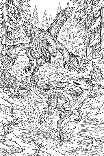 Raptor à plumes poursuivant un dinosaure dans une forêt enneigée avec troncs, rochers et ruisseau glacé