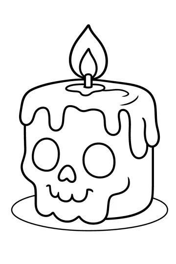 Halloween-kaars in de vorm van een schedel met smeltende was, grote vlam en ovale voet.