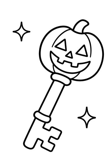 Grande clé d'Halloween en diagonale avec une tête de citrouille souriante et deux étincelles.