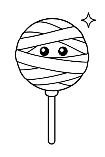 Piruleta redonda envuelta como una momia, con dos ojos, un palo largo y un brillo.