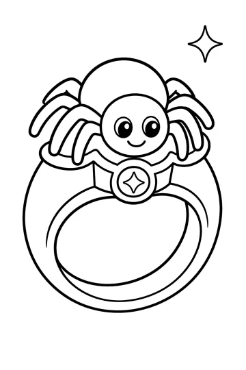Disegno da colorare di un ragnetto sorridente sopra un grande anello con gemma scintillante.