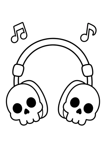 Cuffie grandi con teschi sui padiglioni e due note musicali