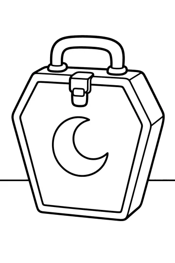 Coffin-shaped lunchbox with raised handle, clasp, and crescent moon on the front