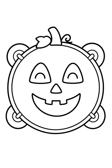 Pandereta de Halloween con forma de calabaza sonriente, hoja, tallo y cascabeles