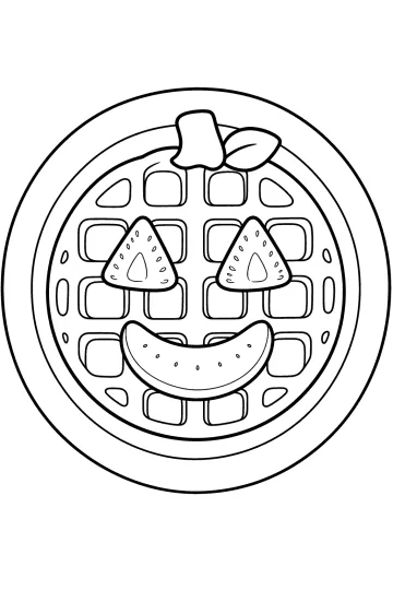 Gofre redondo sobre un plato con cara de calabaza, ojos triangulares, sonrisa curva, tallo y hoja.