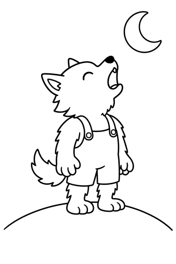 Hombre lobo con peto aullando bajo una luna creciente