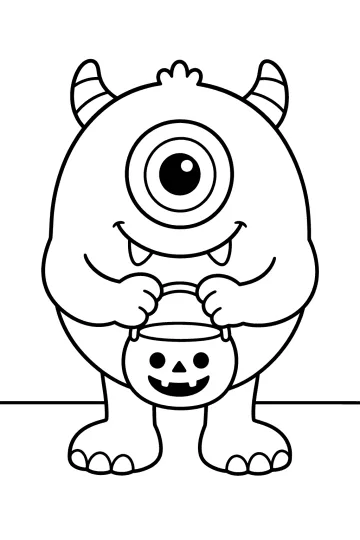 Ciclope di Halloween con un grande occhio, due corna e un secchiello a forma di zucca