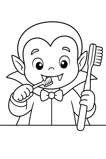 Vampiro sonriente con capa y pajarita que cepilla un colmillo mientras sostiene un cepillo de dientes grande.