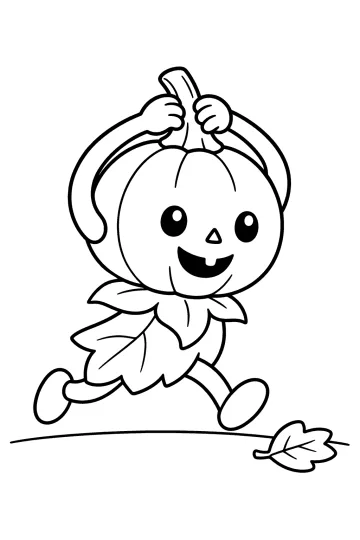 Calabaza sonriente corriendo con un traje de hojas y sosteniendo su tallo