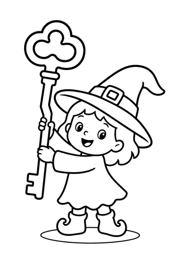 Dibujo para colorear de una brujita sonriente con sombrero puntiagudo, llave grande con nube arriba y botitas.