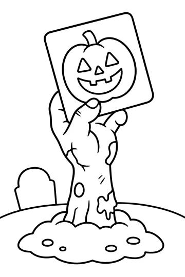 Mano zombi que sale de la tierra y sostiene un cartel con una calabaza sonriente de Halloween.