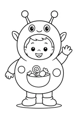 Bambino in costume da alieno con dolcetti disegno da colorare PDF gratis
