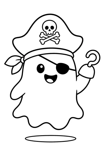 Fantôme pirate souriant avec cache-œil, foulard à tête de mort et crochet