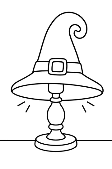 Dibujo de una lámpara de mesa con un sombrero de bruja curvado, hebilla y rayos de luz.