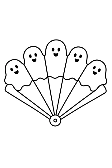 Dibujo de un abanico abierto con cinco fantasmas sonrientes y un pivote redondo.