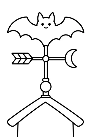 Coloriage d'une chauve-souris souriante sur une girouette avec flèche, croissant de lune et toit.