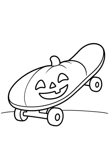 Dibujo de una calabaza sonriente sobre una patineta con la punta levantada