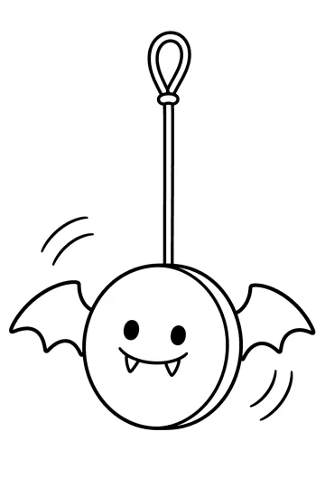Drawing of a round yo-yo with bat wings, a smiling face, small fangs and a looped string.