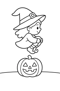 Bruxinha salta sobre uma abóbora de Halloween desenho para colorir PDF grátis