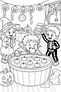 Bambini che giocano a prendere le mele di Halloween disegno da colorare PDF gratis