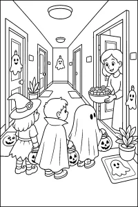 Bambini in costume nel corridoio di Halloween disegno da colorare PDF gratis