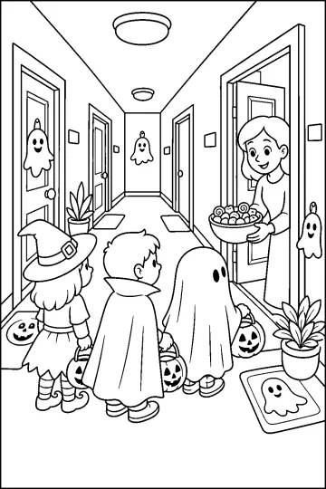 Trois enfants déguisés reçoivent des friandises d’une voisine dans un couloir décoré pour Halloween.