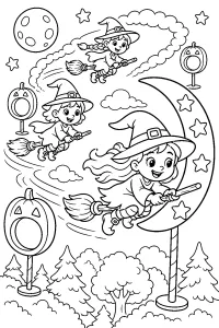 Course de sorcières en balai dessin à colorier PDF gratuit