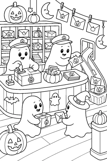 Disegno da colorare di fantasmi postini che timbrano pacchi e lettere in un ufficio postale di Halloween con zucche e una strega.