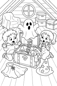 Baúl de disfraces de Halloween en el ático dibujo para colorear PDF gratis