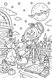 Bambini con telescopio zucca sotto la luna disegno da colorare PDF gratis