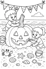 Bambini decorano una zucca di sabbia disegno da colorare PDF gratis