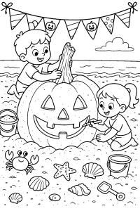 Bambini decorano una zucca di sabbia disegno da colorare PDF gratis