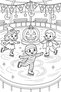 Halloween-schaatsers met pompoen kleurplaat gratis PDF