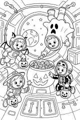 Astronauti di Halloween sulla stazione spaziale disegno da colorare PDF gratis