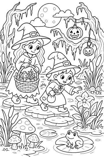Two little witches with hats and a basket of mushrooms in a Halloween swamp with pumpkins, a moon, and a frog