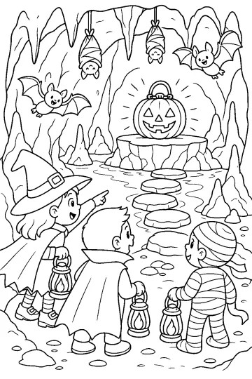 Three costumed children holding lanterns in a cave with a large pumpkin lantern and hanging bats
