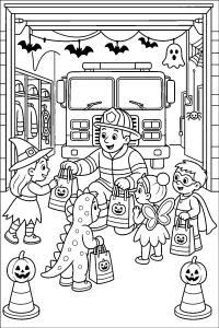Visita di Halloween alla caserma dei pompieri disegno da colorare PDF gratis