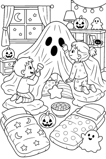 Dos niños en pijama decoran una gran tienda con forma de fantasma con calabazas, cojines y fantasmas amistosos.