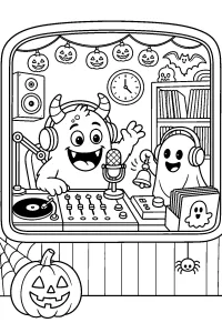Mostro DJ alla radio di Halloween disegno da colorare PDF gratis