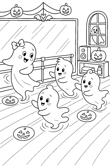 Dansende spookjes in een dansstudio met spiegel, barre, pompoenen en luidspreker