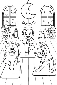 Monstres d’Halloween faisant du yoga dessin à colorier PDF gratuit