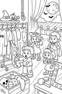 Bambini in costume dietro le quinte di Halloween disegno da colorare PDF gratis