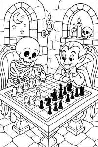 Scheletro e vampiro giocano a scacchi disegno da colorare PDF gratis