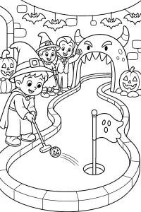 Halloween-minigolf met monster en spookvlag kleurplaat gratis PDF