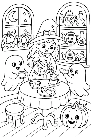 Sorcière tenant une théière en forme de lune avec de gentils fantômes autour d'une table dans un salon de thé d'Halloween