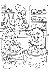Bambini modellano zucche di argilla disegno da colorare PDF gratis