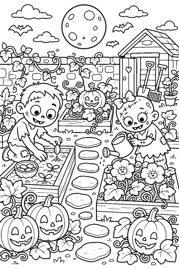 Dos zombis sonrientes cuidan un jardín de Halloween con calabazas, flores, herramientas, luna llena y murciélagos.