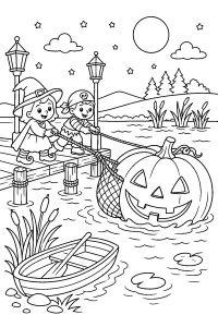 Zucca gigante sul lago di Halloween disegno da colorare PDF gratis