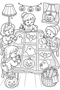 Bambine che cuciono una trapunta di Halloween disegno da colorare PDF gratis