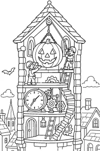 Zucca luminosa nella torre dell'orologio disegno da colorare PDF gratis